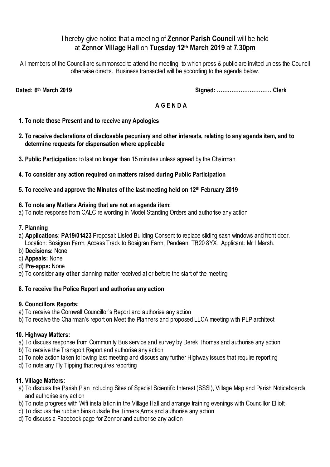 Agenda 12th March 2019