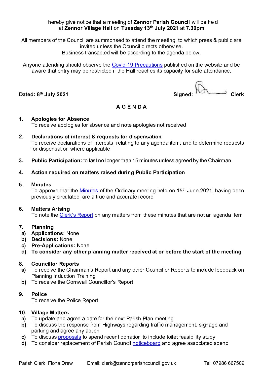 Agenda 13th July 2021
