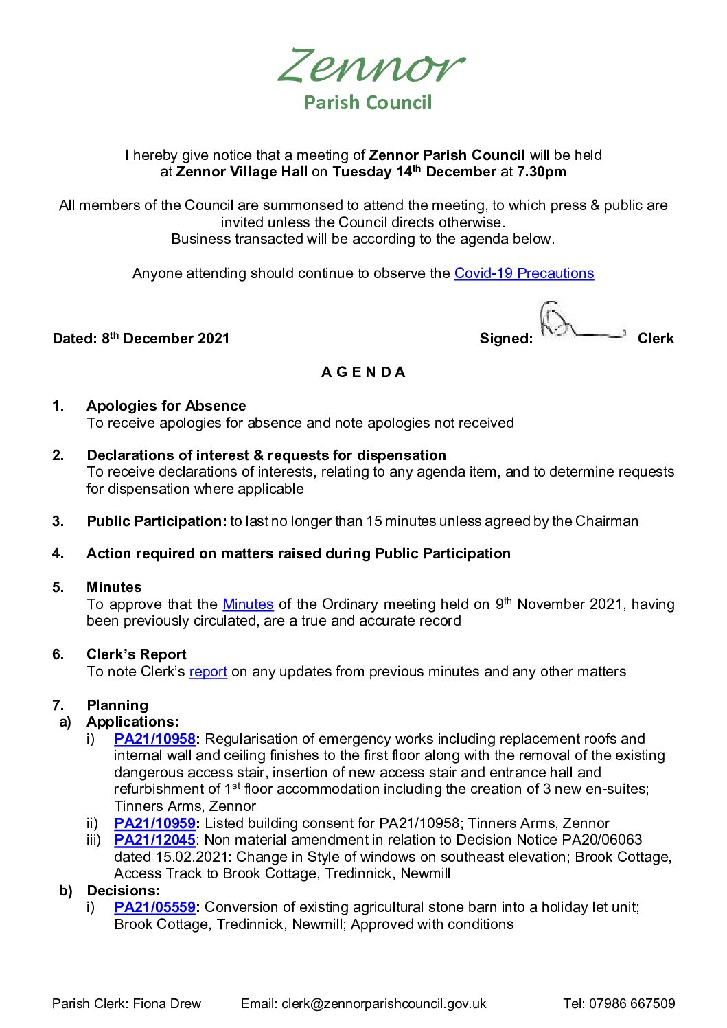 Agenda 14th December 2021