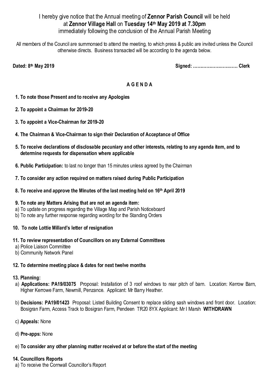 Agenda 14th May 2019