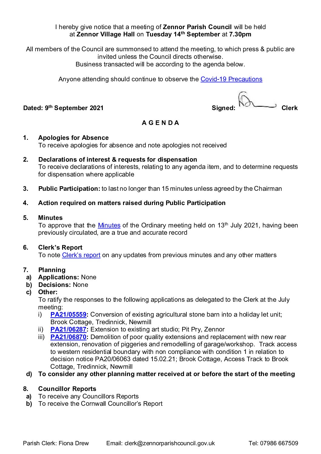 Agenda 14th September 2021