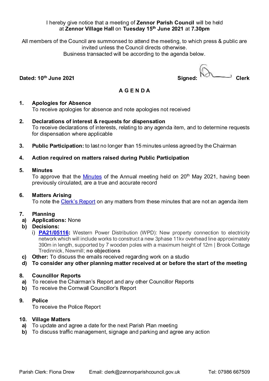 Agenda 15th June 2021