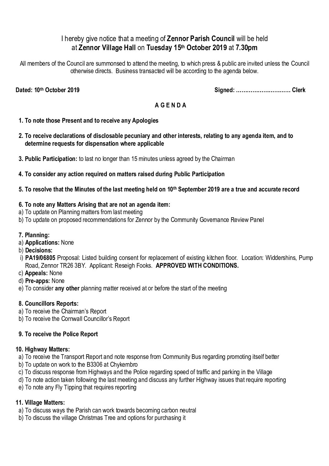 Agenda 15th October 2019