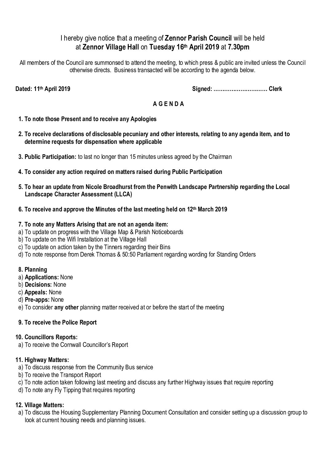 Agenda 16th April 2019