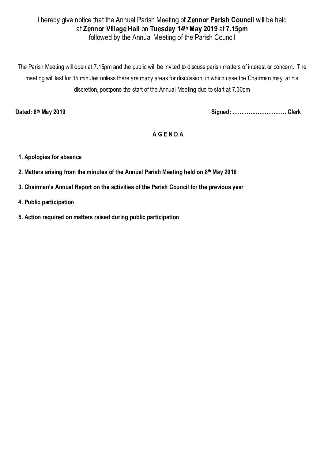 Agenda Parish Meeting 14th May 2019
