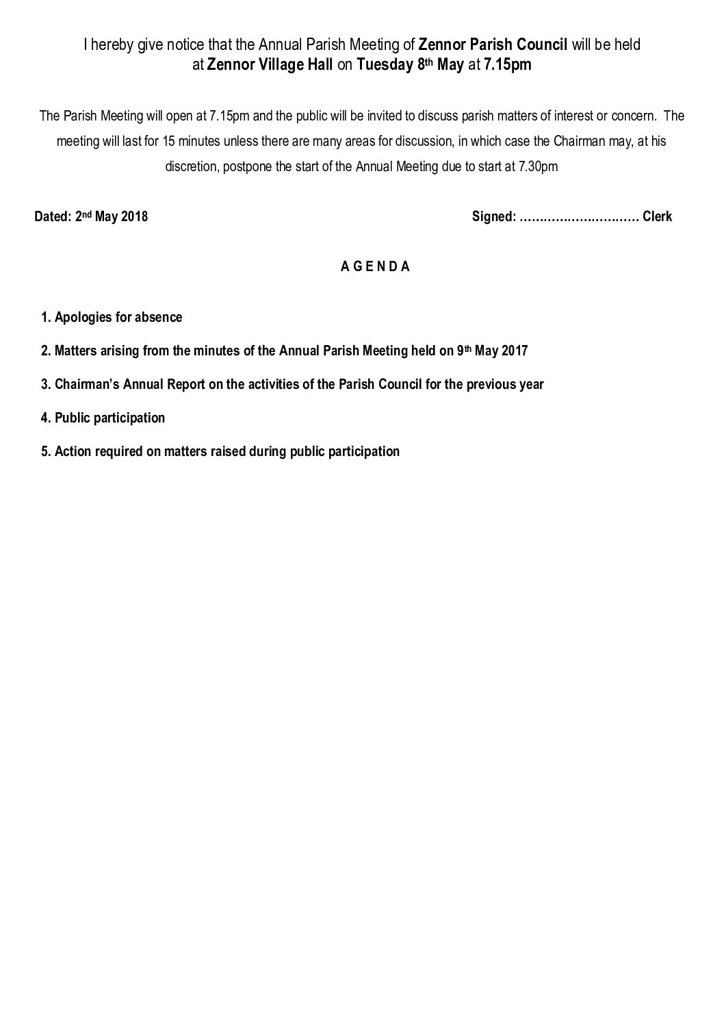 Agenda Parish Meeting 8th May 2018