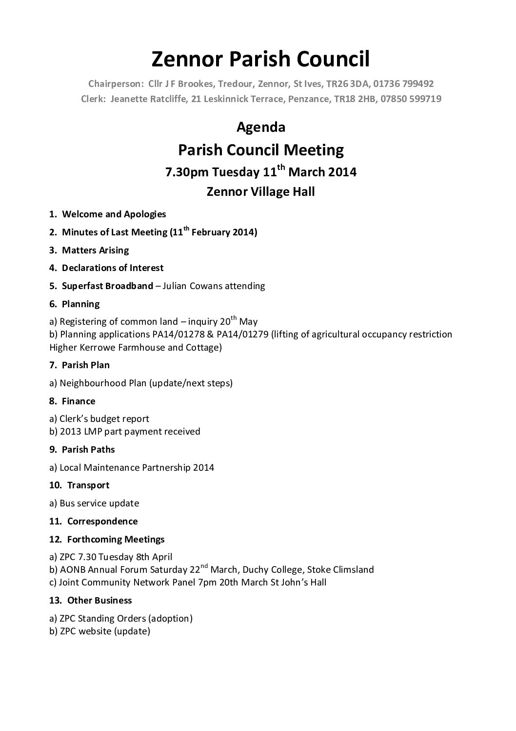 Agenda ZPC 11th March 2014