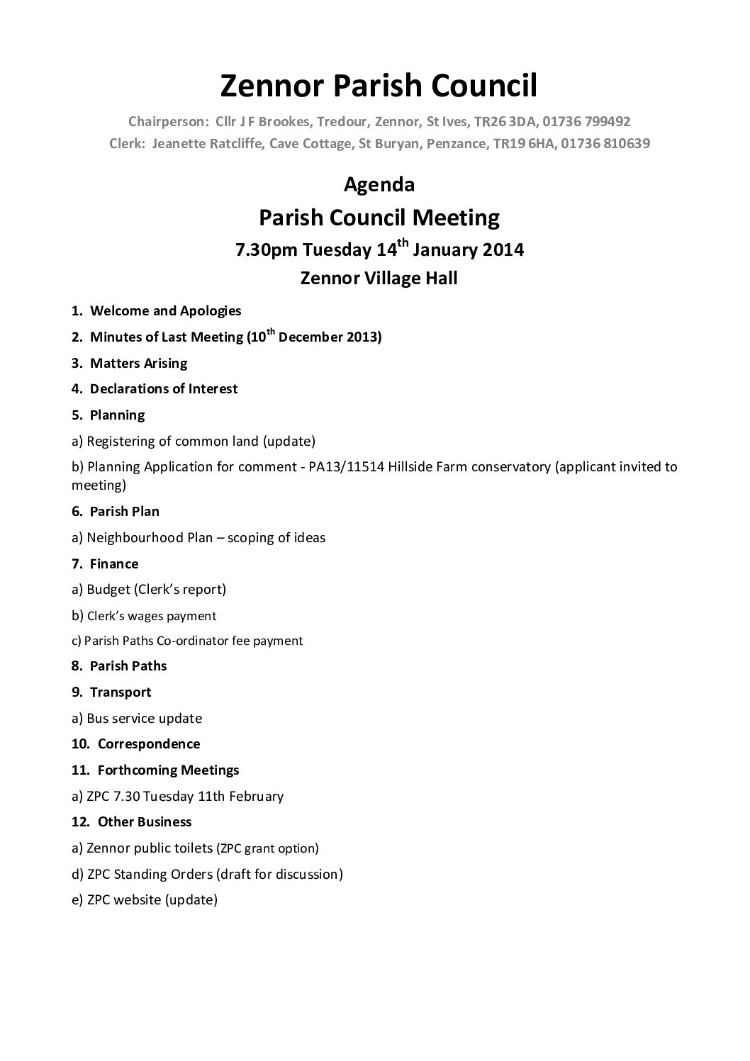 Agenda ZPC 14th January 2014