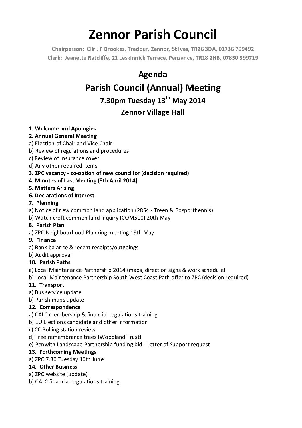 Agenda ZPC AGM 13th May 2014