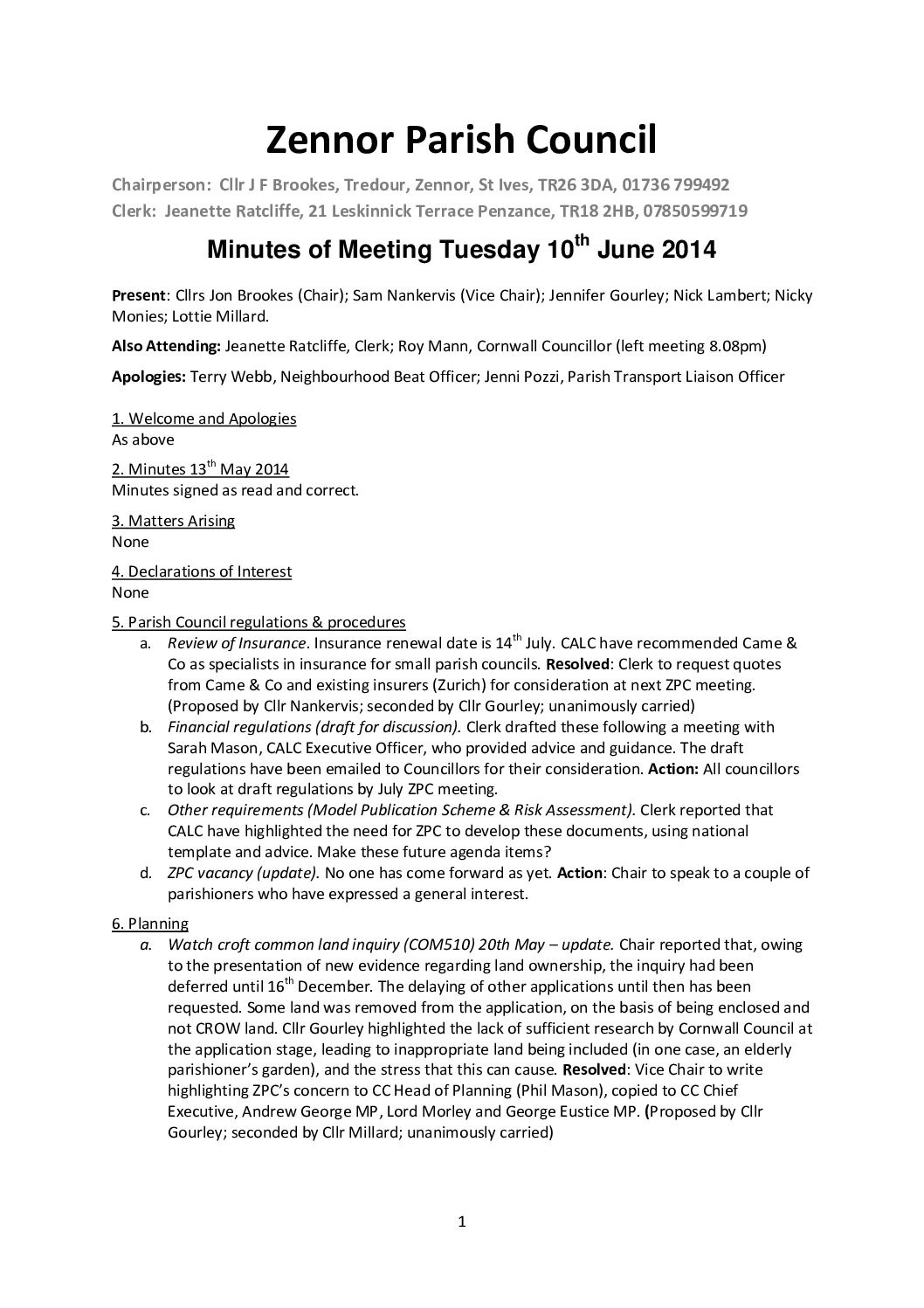 Minutes ZPC 10th June 2014