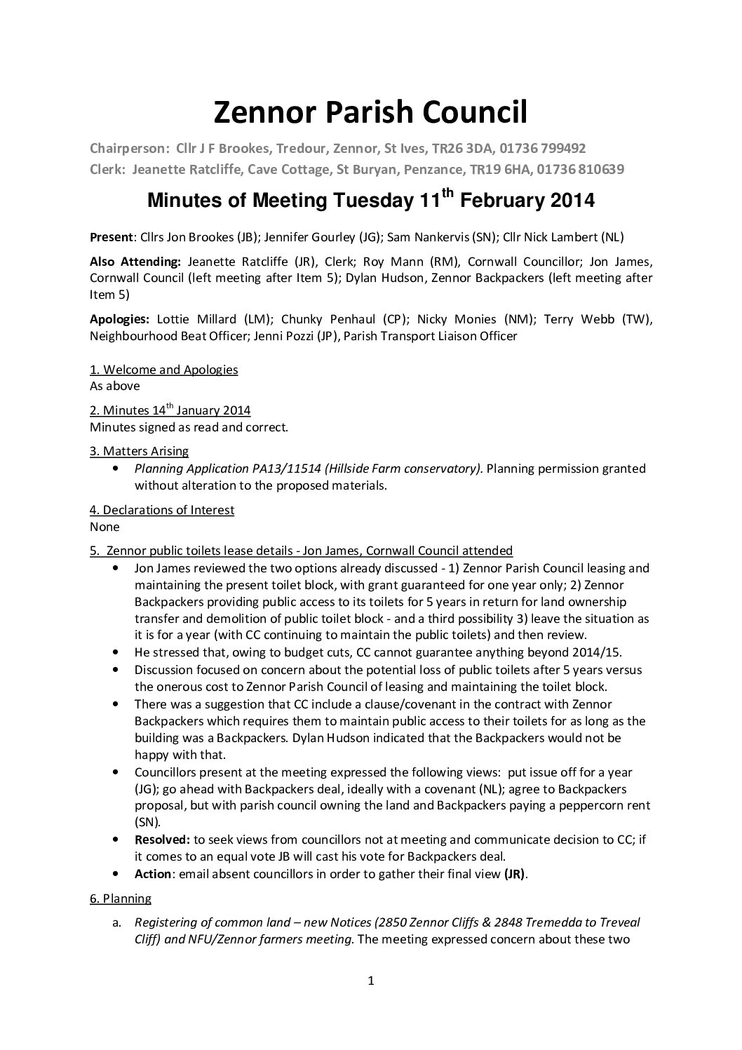 Minutes ZPC 11th February 2014