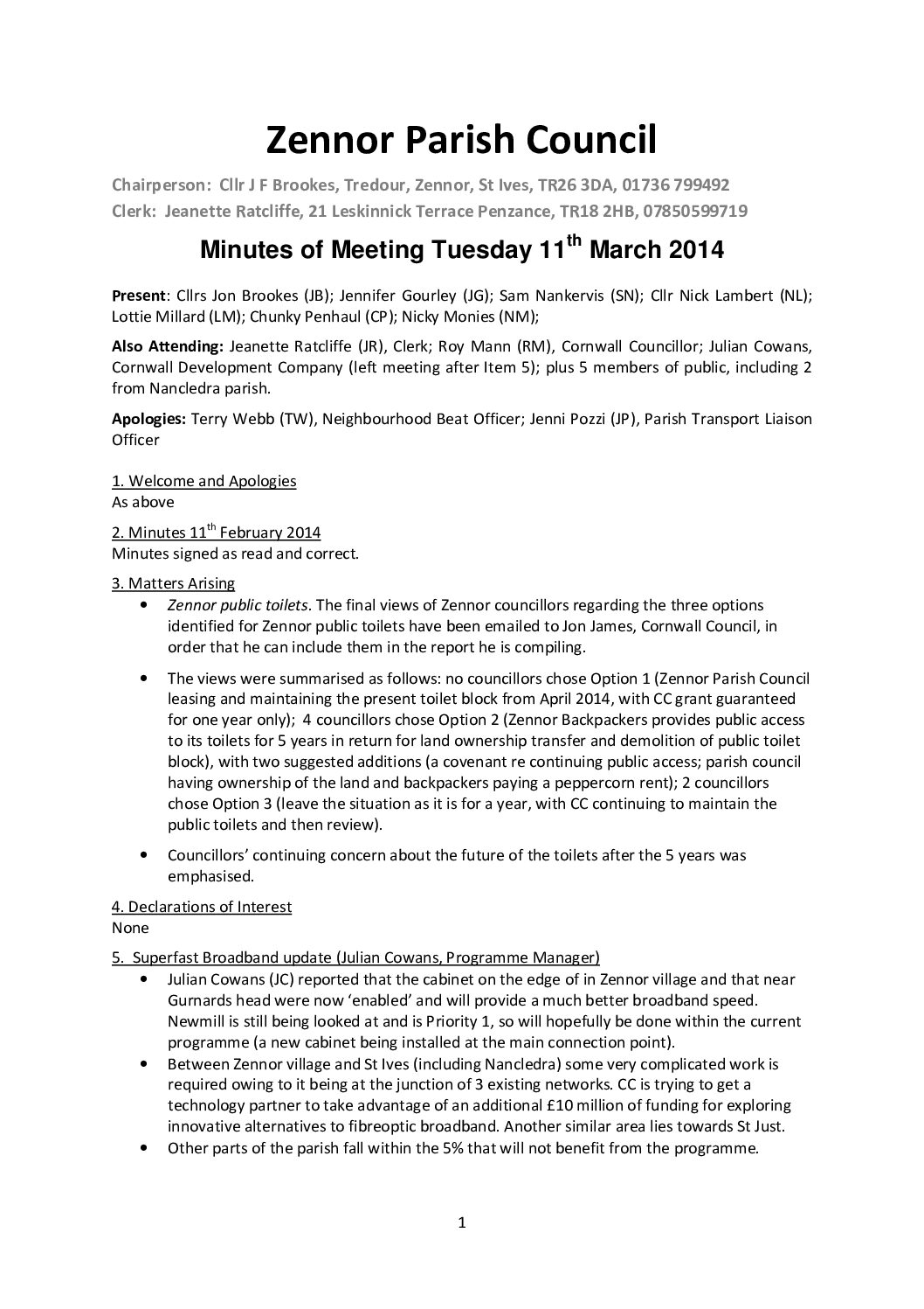 Minutes ZPC 11th March 2014
