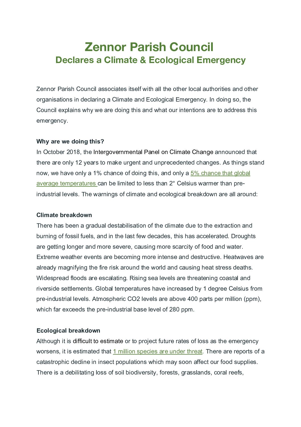 ZPC Declaration of Climate & Ecological Emergency