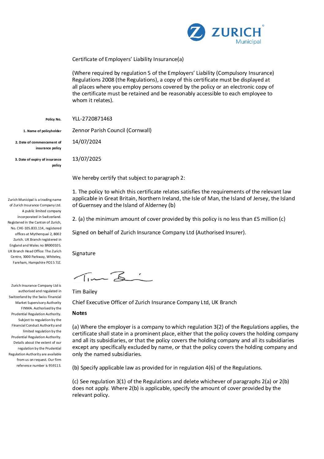 ZPC Employers Liability Insurance Certificate 2024-25