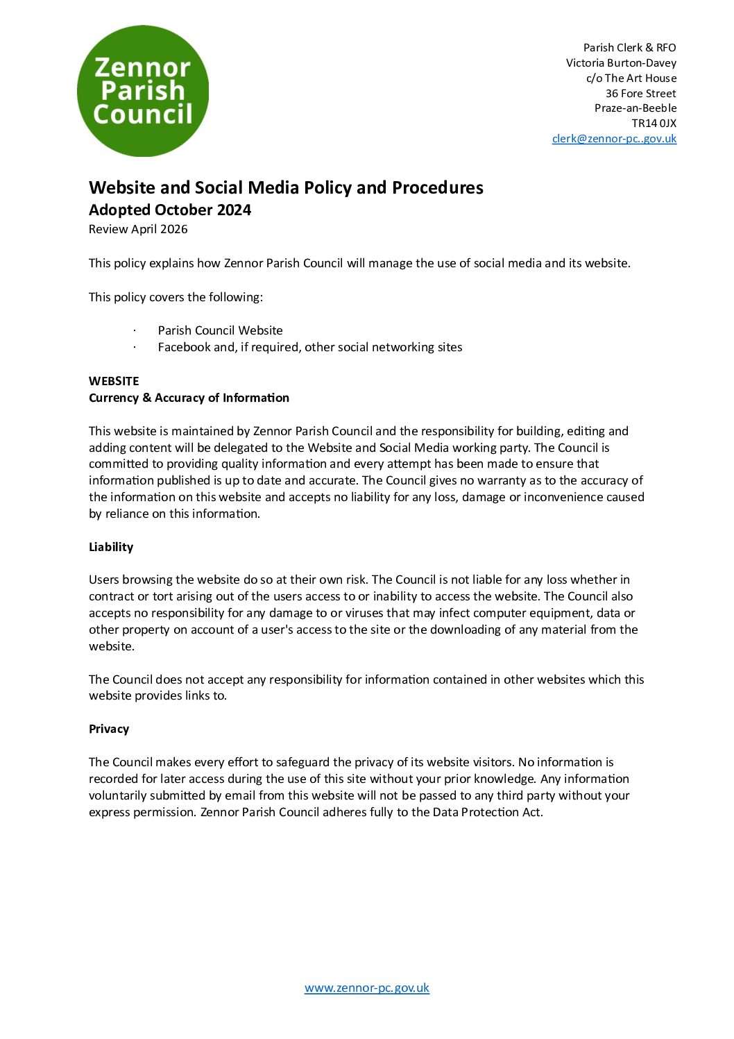 ZPC Website and Social Media Policy and Procedures