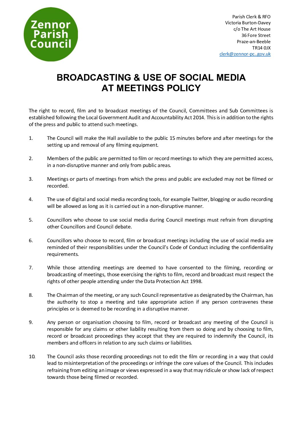 ZPC Broadcasting & Use Of Social Media at Meetings Policy 2024