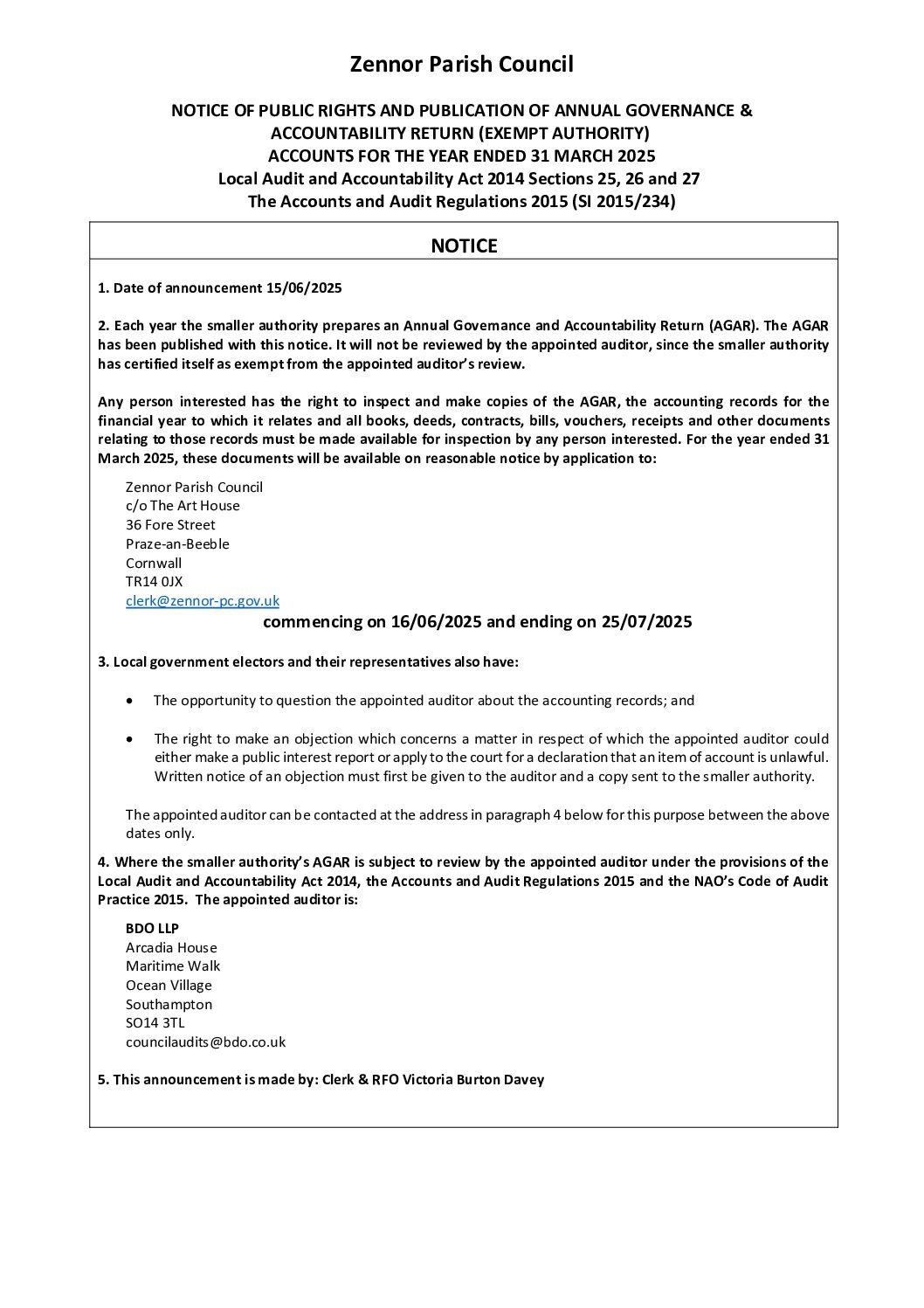 ZPC Notice for the period for the exercise of public rights 2024-25