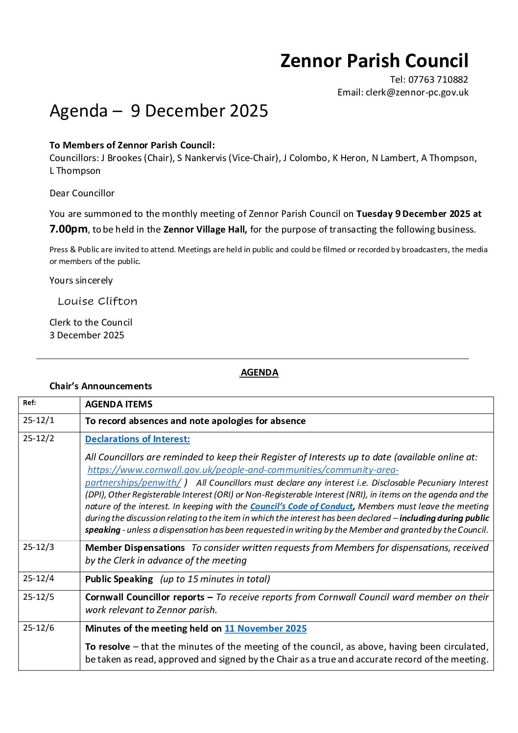 Agenda – 9 December 2025 meeting, Zennor Parish Council