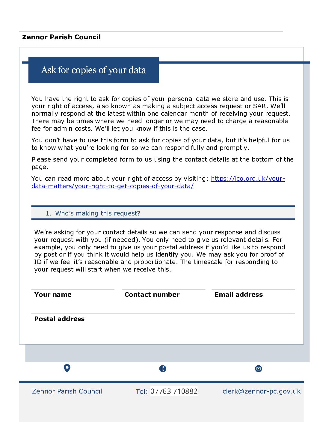 Form to Request Copy of Data – Parish Council