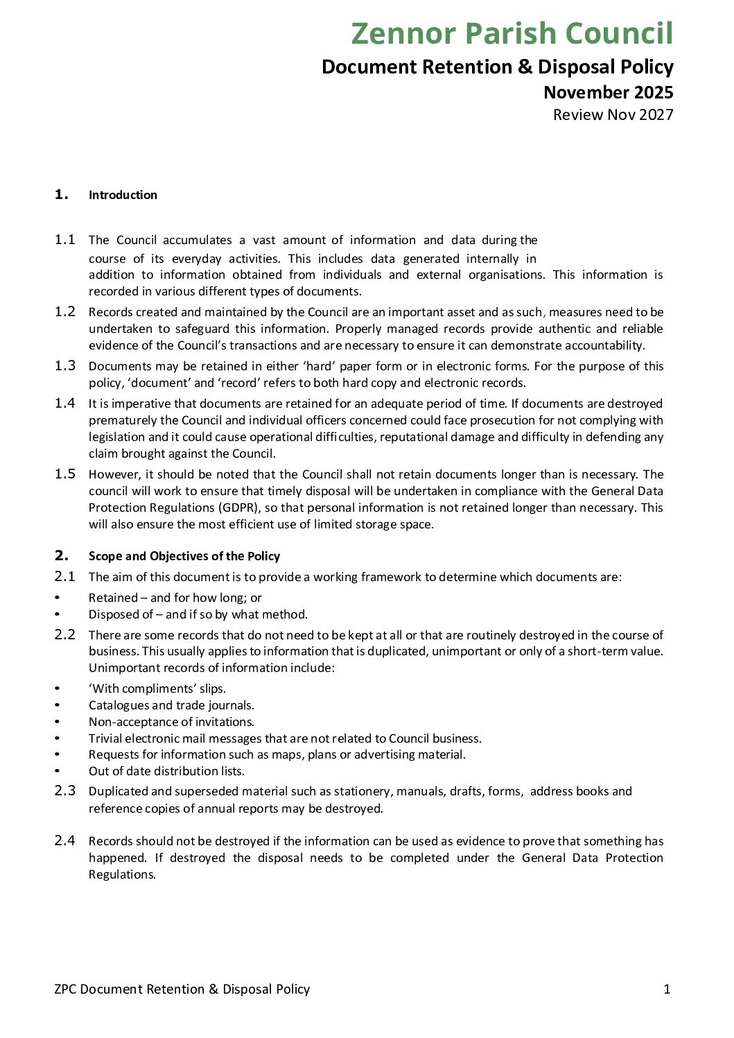 ZPC Document Retention and Disposal Policy – Nov 2025