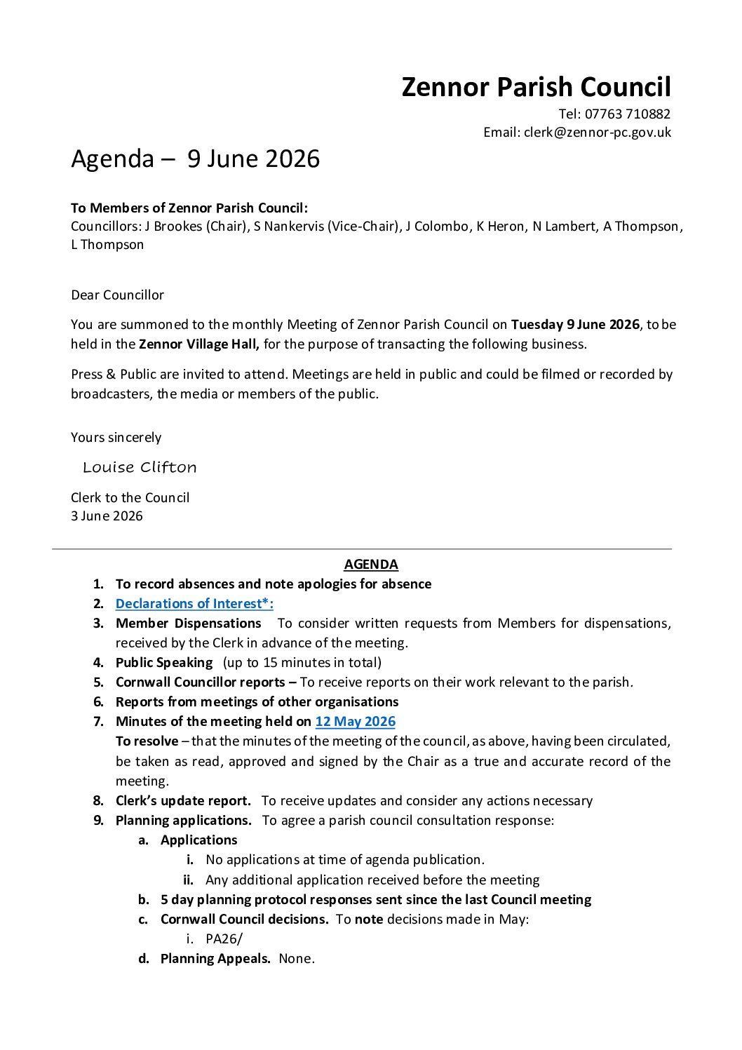 9 June 2026 – Agenda, Zennor Parish Council meeting