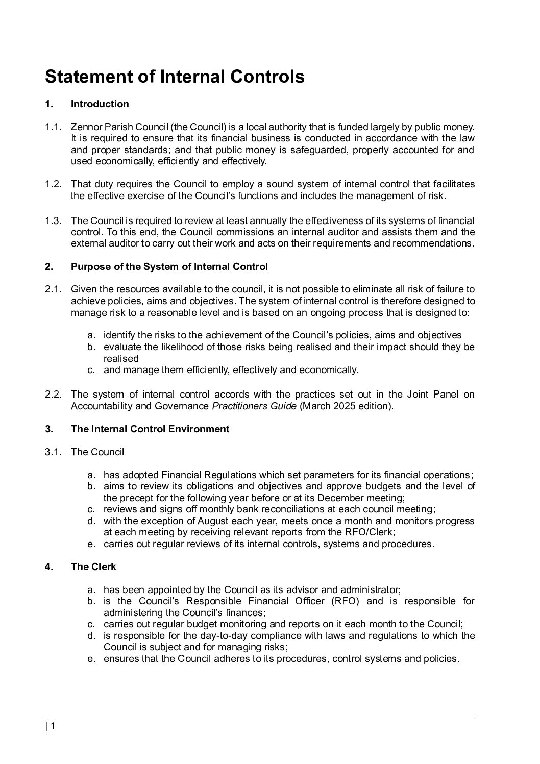 Statement of Internal Controls – adopted April 2026