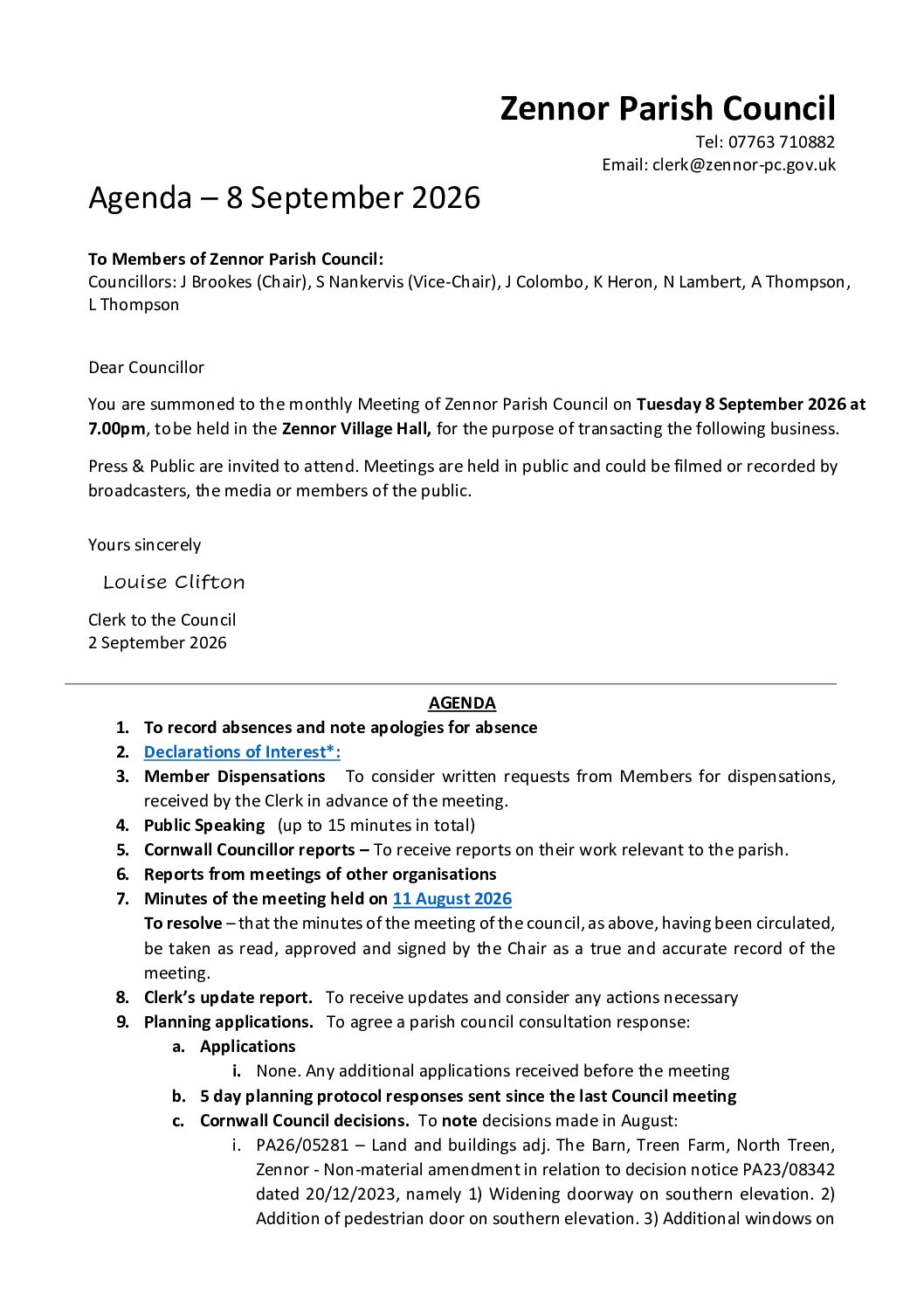 8 September 2026 – agenda, Council meeting ZPC